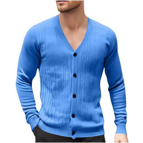 Ανδρικό Μονόχρωμο Πλεκτό Ζακέτα με V-Neck, Σχέδιο Ζακάρ, Μακρυμάνικο Πουλόβερ, 1