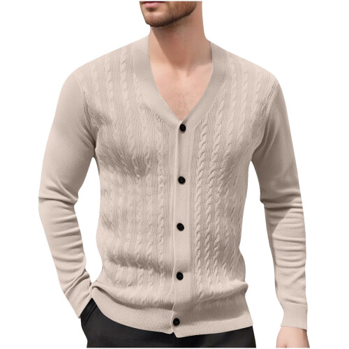 Ανδρικό Μονόχρωμο Πλεκτό Ζακέτα με V-Neck, Σχέδιο Ζακάρ, Μακρυμάνικο Πουλόβερ, 1