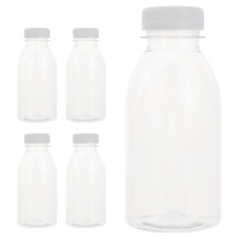Lot de 5 bouteilles Ă jus transparentes de 300 ml avec couvercles, compatibles avec les boissons froides, le lait et les smoothies.