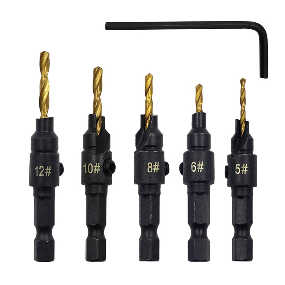 5Pcs Countersink Drill Bit Set High Speed Steel With 1 Free Hex Key Wrench For Woodworking And Carpentry 9193271193142