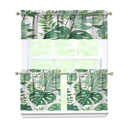 Green Tropical Large Leaves Kitchen Curtains and Valance
