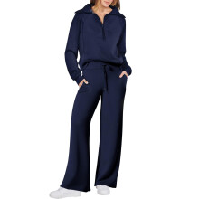 Conjunto de moletom feminino de duas peças para outono/inverno, composto por blusa de moletom com meio zíper e gola lapela, e calça pantalona com