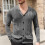 Ανδρικό Μονόχρωμο Πλεκτό Ζακέτα με V-Neck, Σχέδιο Ζακάρ, Μακρυμάνικο Πουλόβερ, 1