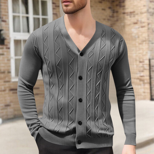 Ανδρικό Μονόχρωμο Πλεκτό Ζακέτα με V-Neck, Σχέδιο Ζακάρ, Μακρυμάνικο Πουλόβερ,