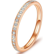 18K Gold Plated Stainless Steel CZ Eternity Band for Women – Stackable, Thin 2mm, Silver/Rose Gold, Sizes 5-10, Compatible with Wedding Bands