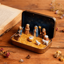 Mini Christmas Nativity Set in Tin Box – Pocket-Size Handcrafted Decor for Desk, Shelf, Office or Travel (A)