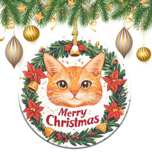 Orange Cat Christmas Ceramic Ornament – Merry Christmas Wreath, Xmas Tree Decoration, Holiday Keepsake, Housewarming Gift