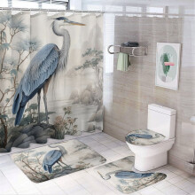4-Pc Shower Curtain Set with Non-Slip Rug, Toilet Lid Cover & Bath Mat – Blue Heron, Waterproof & Durable