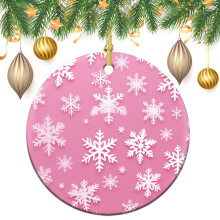 Pink & White Snowflake Ceramic Christmas Ornament – Round Holiday Bauble for Girls, Women, Friends – Compatible with Christmas Tree