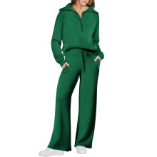 Conjunto de moletom feminino de duas peças para outono/inverno, composto por blusa de moletom com meio zíper e gola lapela, e calça pantalona com