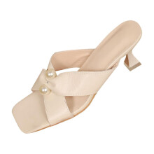 Beige Women's Square Toe Pearl Strappy Heels – Comfort Sandals for Party, Spring/Summer, EU 42/UK 7/US 9