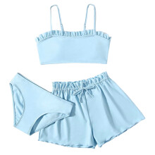 3Pcs Girls Swimming Costume with Beach Short, Two Pieces Bathing Suit Ruffled Bikinis Swimsuit for Girl 3-12