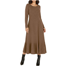 Women's Knit Sweater Dress Brown M Round Neck Long Sleeve