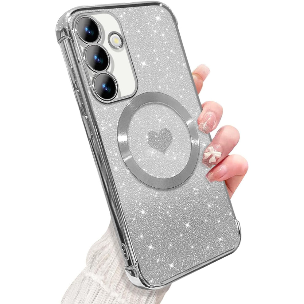 Magnetic Clear Phone Case Compatible With Samsung Galaxy S24 Plus & MagsafeâSoft Luxury Gradient Heart Bling, Shockproof, 6.7Â, Silver 9193271191278