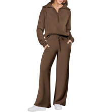 Conjunto de moletom feminino de duas peças para outono/inverno, composto por blusa de moletom com meio zíper e gola lapela, e calça pantalona com