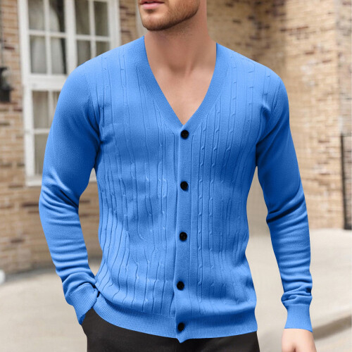 Ανδρικό Μονόχρωμο Πλεκτό Ζακέτα με V-Neck, Σχέδιο Ζακάρ, Μακρυμάνικο Πουλόβερ,