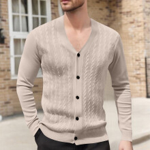 Ανδρικό Μονόχρωμο Πλεκτό Ζακέτα με V-Neck, Σχέδιο Ζακάρ, Μακρυμάνικο Πουλόβερ,
