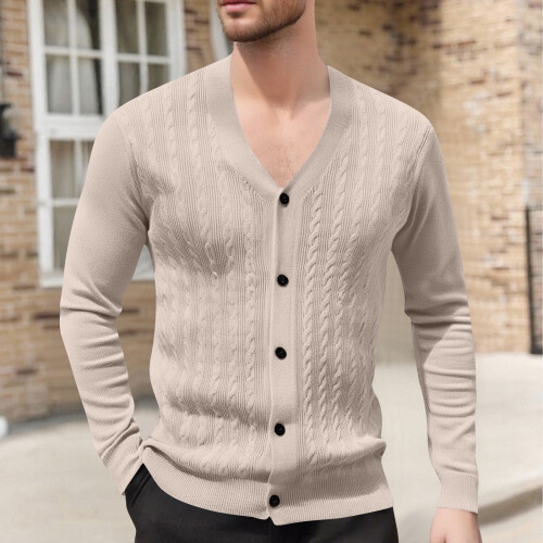 Ανδρικό Μονόχρωμο Πλεκτό Ζακέτα με V-Neck, Σχέδιο Ζακάρ, Μακρυμάνικο Πουλόβερ,