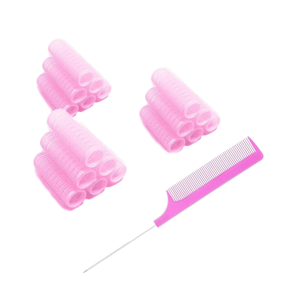 Pink 18Pcs Heatless Hair Curlers With Rat Tail Comb, Self-Grip Rollers For Medium/Short Hair Â