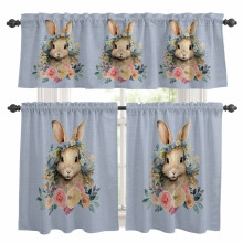 Easter Bunny Kitchen Curtains & Valances Set – Rabbit/Flower Blue Wreath Retro Linen, Rod Pocket, 27.5x36in, 3-Piece