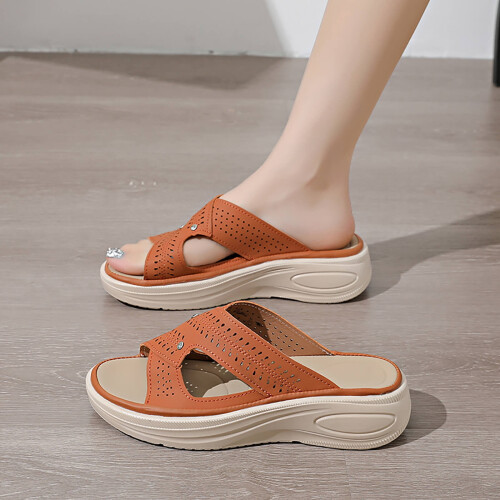Women's Orange PU Sandals Round Toe Cross Strap Hollow 1