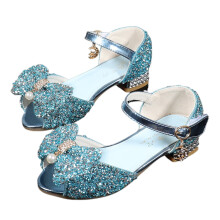 Girls Sandals Little Kids Glitter Bow Dress Shoes Crystal Low Heel Sequins Princess Sandals Toddler Flower Wedding Party Shoes Blue 28