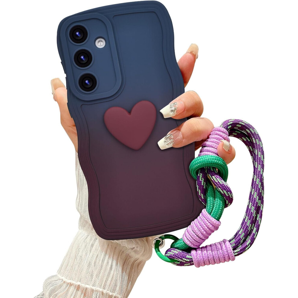 Compatible With Samsung Galaxy S24 Plus Gradient Wavy Case With Wrist Strap, Love Heart Design, Shockproof Soft Silicone Cover Â Navy/ Brown 9165521836703