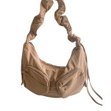 Sac bandoulière plissé à cordon pour femme, style décontracté, en nylon uni, avec plusieurs poches et fermeture éclair.