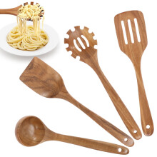 4 Pcs Wood Utensil Set Long Lasting Wood Cooking Utensil Set with Ergonomic Handle and Hanging Hole for Frying Serving Sauce Scooping Soup