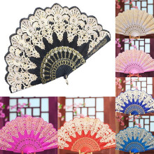 Ethnic Style Dance Party Wedding Golden Tone Hand Held Flower Folding Fan,Light Blue