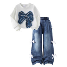 Girls' 2-Piece Set White Cotton Sweatshirt & Bow Detail Wide Leg Jeans Casual Outfit with Elastic Waist for Kidss Kids 4-8 Years,Size 7 T