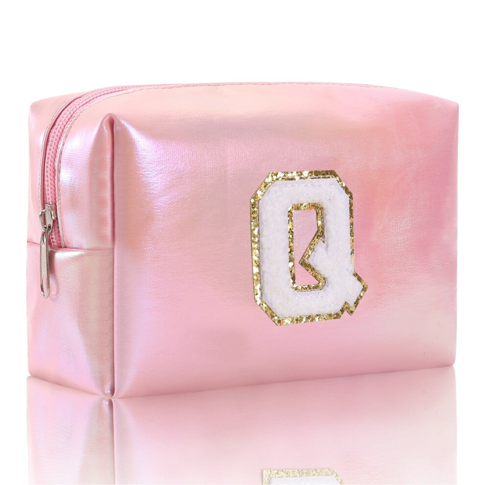 Large Embroidered Makeup Bag - Alphabet Monogram Travel Cosmetic Organizer, Toiletry Clutch with Zipper, Durable Storage