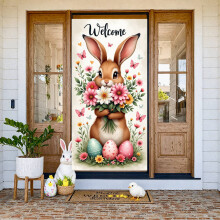 Wooden Cross Easter Banner with Purple Fabric, White Lilies & Rabbits – Resurrection Backdrop for Church Service (Compatible with Easter Decor)