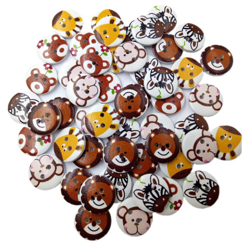 Wood Buttons with Animal Pattern Round 50 pcs