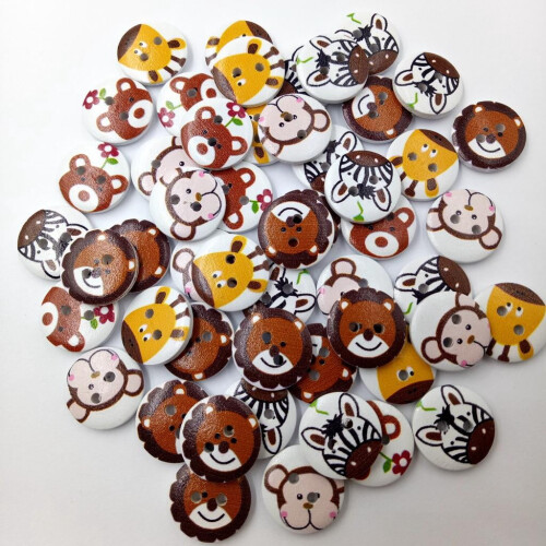 Wood Buttons with Animal Pattern Round 50 pcs 2