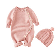 Baby-Strickstrampler mit Mütze, warmer Acryl-Overall, Unisex, einfarbig, kuscheliges Outfit für Babys von 0-24 Monaten
