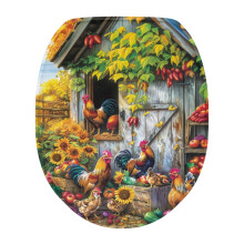 WC-Dekor aus Flanell mit Sonnenblumen- und Hahnenmotiv und elastischem Rand – Landhausstil, kompatibel mit Standard-WC-Sitzen
