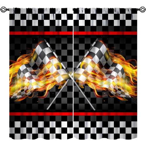 Racing Flag Curtains Black White Checkered Flame Design 2
