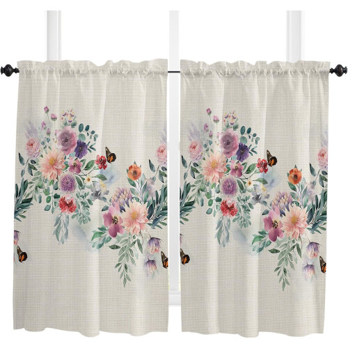 Köksgardiner med blommotiv, stångficka, 2 paneler, 52x63