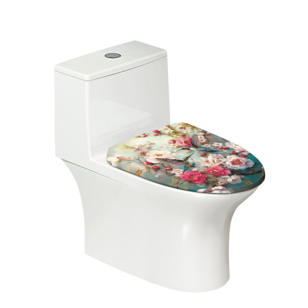 Hummingbird Peony Print Universal Toilet Lid Cover, Elastic Edges, Washable & Stretchable Fabric Â Compatible With Most Lids 9482726311096