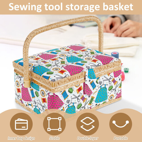 Sewing Basket with Removable Tray and Interior Pocket 2