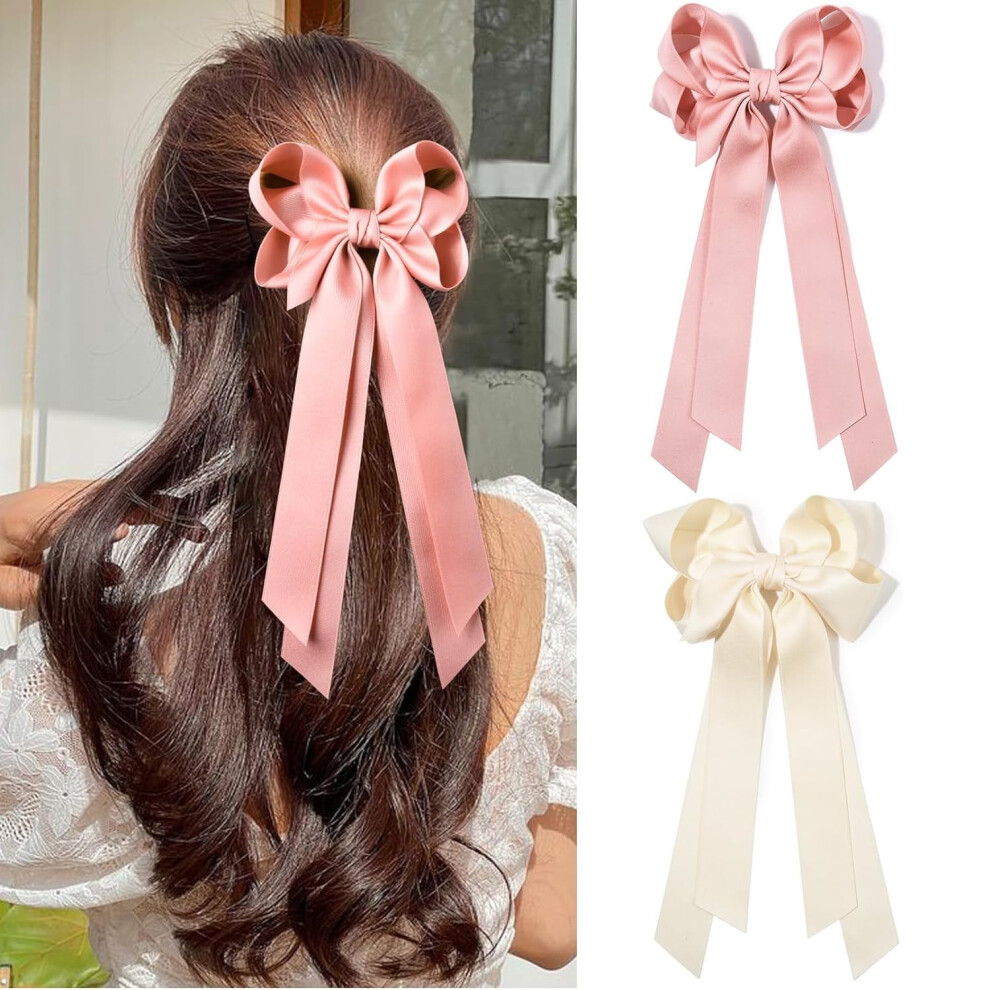 2PCS Silky Satin Hair Bows with Metal Clips â Beige & Black Ponytail Holders for Women, Girls, Toddlers, Teens, Kids