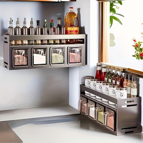 3/4/5-Compartment Spice Rack, Rust-Resistant Aluminum, No-Drill Pull-Out Organizer – Compatible with Standard Cabinets 1