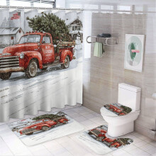 4-Pc Vintage Red Truck Christmas Shower Set w/ Curtain & Rugs, 72"x72", 12 Hooks, Rustic Pine Tree Design