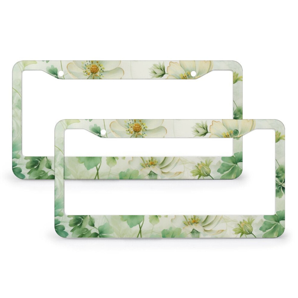 2 Pcs Set Leaves And Flowers License Plate Cover Patrick's Day Spring Auto Car Accessories Tag Stainless Aluminum 2 Holes For Women Green 9464372709151