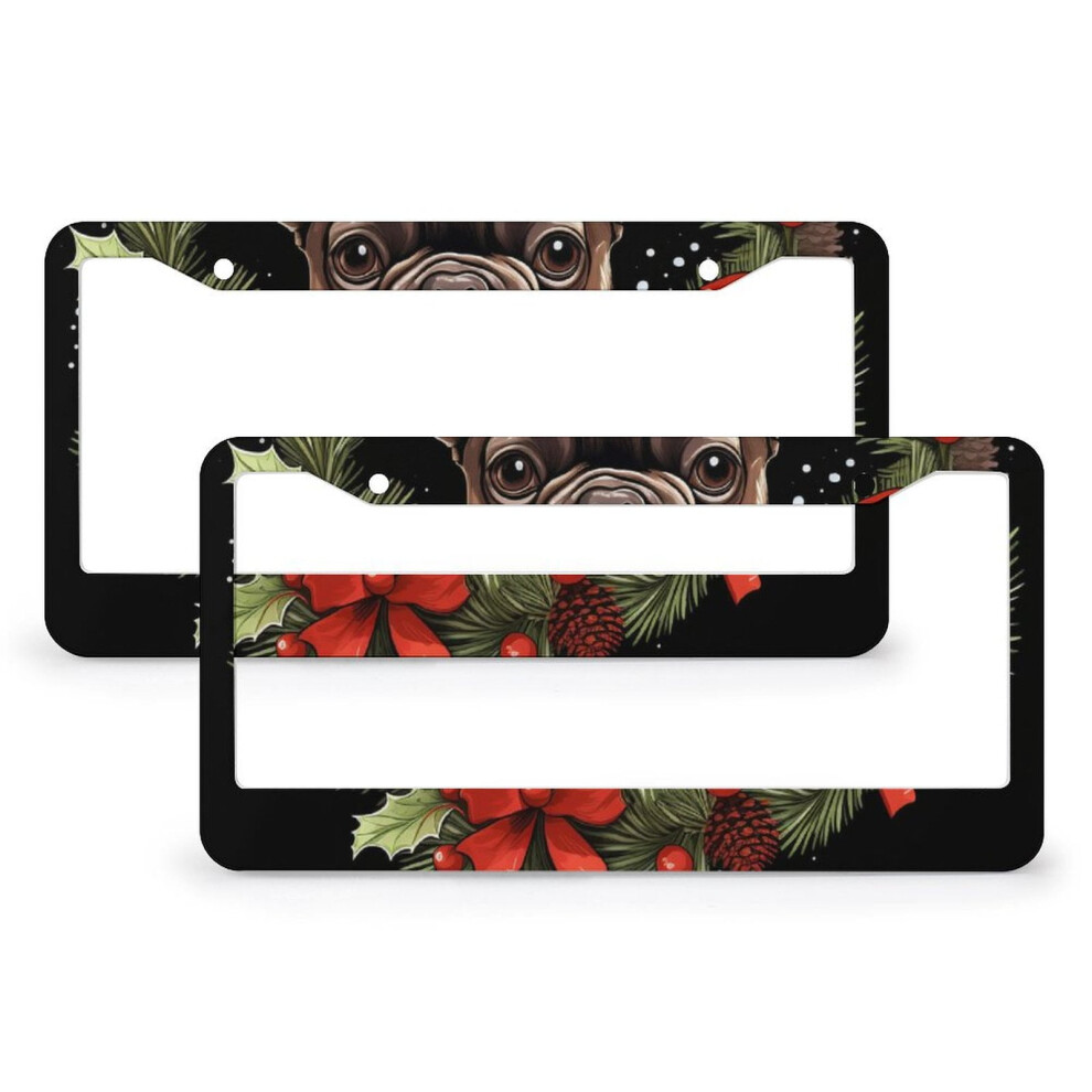 French Bulldog Christmas Wreath License Plate Frame Â 2Pcs, Aluminum, Compatible With Us Plates, Cute Holiday Gift For Dad 9464372709755