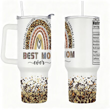 Stainless Steel Insulated Tumbler with Handle and Straw, Best Mom Ever Leopard Rainbow Design