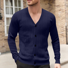 Ανδρικό Μονόχρωμο Πλεκτό Ζακέτα με V-Neck, Σχέδιο Ζακάρ, Μακρυμάνικο Πουλόβερ,