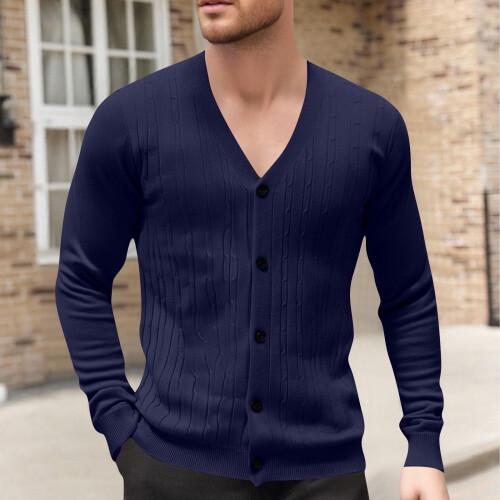 Ανδρικό Μονόχρωμο Πλεκτό Ζακέτα με V-Neck, Σχέδιο Ζακάρ, Μακρυμάνικο Πουλόβερ,