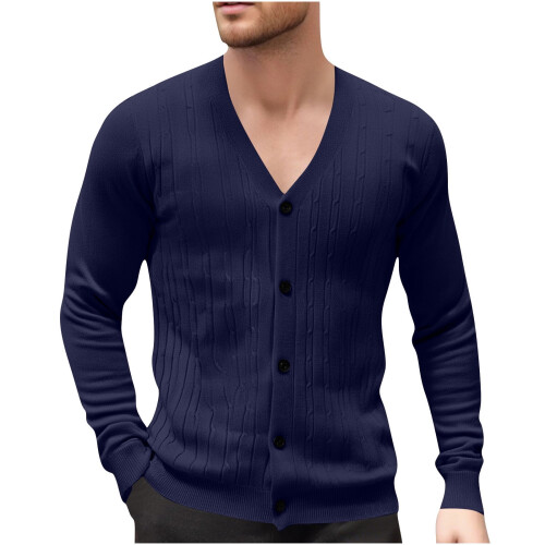 Ανδρικό Μονόχρωμο Πλεκτό Ζακέτα με V-Neck, Σχέδιο Ζακάρ, Μακρυμάνικο Πουλόβερ, 1